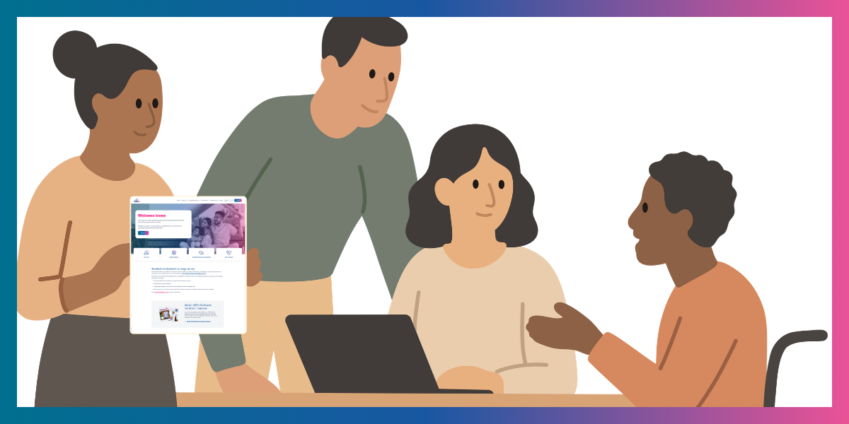 An illustration showing people working together around a table and laptop.