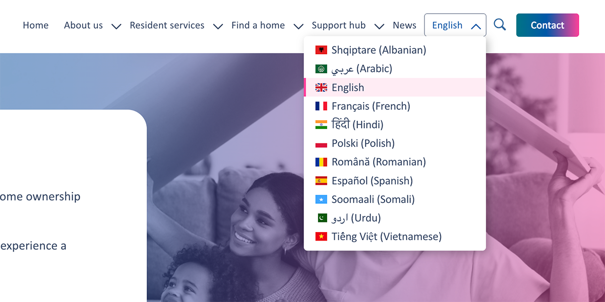 A screenshot showing the language options available on the ISHA website.