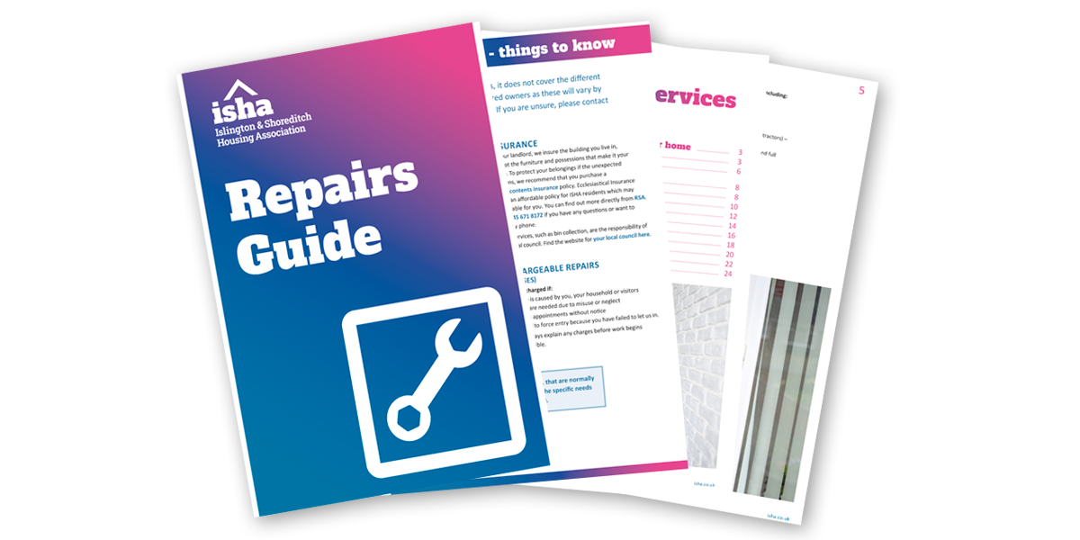 The front cover of the repairs handbook and three pages from the inside fanned out 