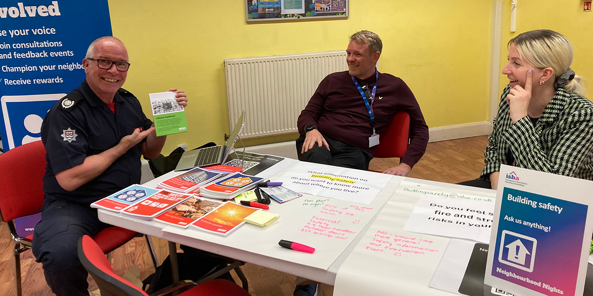 EllaMae and Dan from ISHA's Building Safety Team with Paul, Borough Commander from the London Fire Brigade.