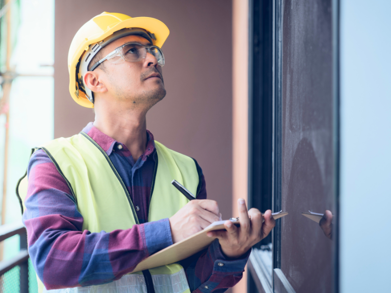 A man in a hard hat and hi-vis jacket inspects a home. 