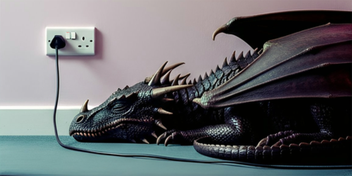 In the hallway of a home, a charger is plugged into an electrical socket at one end and a large black sleeping dragon at the other.