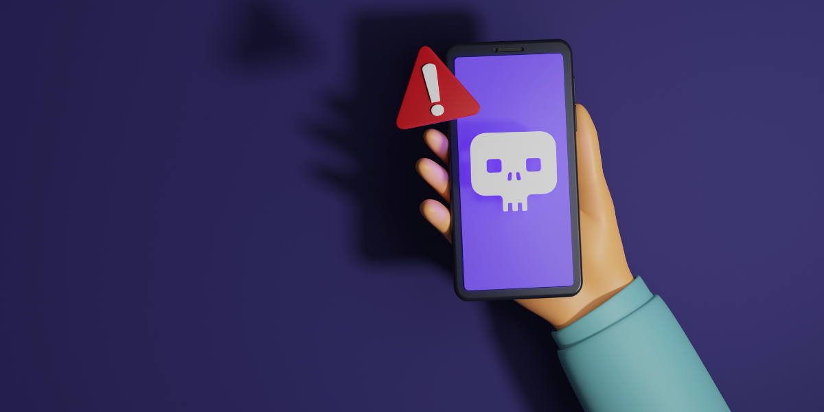 A hand holding up a mobile device with a warning symbol next to it.